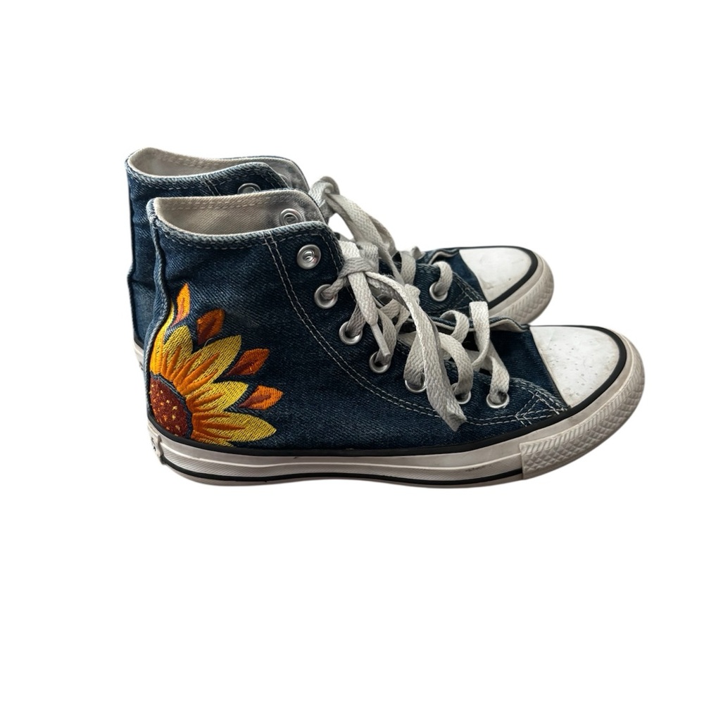 Converse Womans Blue Jean High-Top Sneakers with Embroidered Sunflower